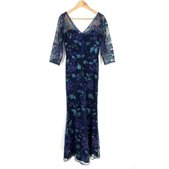 Marchesa Notte Dress Size 6 Women Blue V Neck Tiered Flower Applique Sheath Gown - Picture 1 of 11